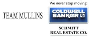 Team Mullins with We never stop moving etc blue and white Coldwell Banker Schmitt logo